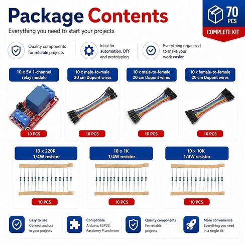10PCS DC 5V 1 Channel Relay Module, High/Low Level Trigger Relay Switch Board with Optocoupler Isolation, 20cm Jumper Wires and 10K 1K 220R Resistors for Arduino Raspberry Pi in Kuwait