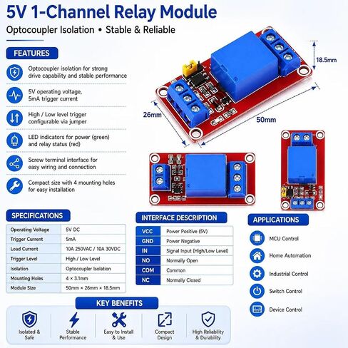 10PCS DC 5V 1 Channel Relay Module, High/Low Level Trigger Relay Switch Board with Optocoupler Isolation, 20cm Jumper Wires and 10K 1K 220R Resistors for Arduino Raspberry Pi in Kuwait