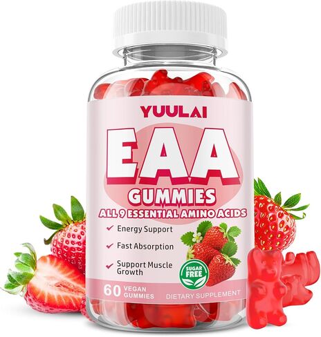 حزمة من 2 eaa gummies ، والأحماض الأمينية الأساسية - جميع الأمينوس 9 الأساسيات (EAA) وجميع الأمينوس المتفرعة (BCAAs) لاستعادة العضلات ، دعم الطاقة ، نكهة الفراولة ، 120 عدد in Kuwait