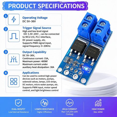 6 قطع وحدة محرك تبديل MOSFET مزدوجة عالية الطاقة، DC 5V-36V 15A 400W PWM لوحة تحكم لسرعة محرك DC صمام الملف اللولبي لمضخة LED باهتة، متوافق مع Arduino Raspberry Pi ESP32 PLC in Kuwait