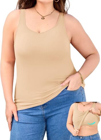 V FOR CITY Women Plus Size Tank Tops with Built-in Padded Bra Adjustable Strap V-Neck Camisole Cotton Cami Shirts 1X-4X in Saudi Arabia