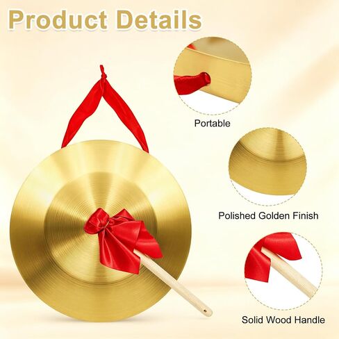 12.6 Inch Gong Instrument | Chinese Traditional Percussion Instrument Copper Gong with Beater and Red Hanging Ribbon for Festivals, Celebration and Party in Kuwait