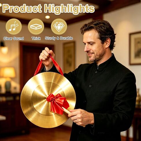 12.6 Inch Gong Instrument | Chinese Traditional Percussion Instrument Copper Gong with Beater and Red Hanging Ribbon for Festivals, Celebration and Party in Kuwait