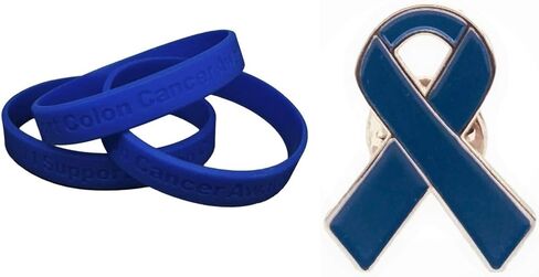 1 Blue I Support Colon Cancer Awareness Bracelet & 1Blue Enamel Ribbon Pin With Metal Clasp Pin & Bracelet - Show Your Support For Colon Cancer Awareness | Metal Clasp, Support Awareness, 1 Bracelet & 1 Pin in Kuwait