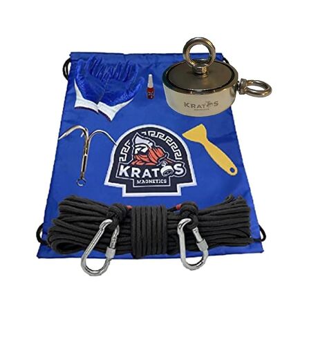 2,400 Pounds Combined Pull-Force - 2400 Double Sided Classic Magnet Fishing Kit - Gloves, Rope, 2 Carabiners, Hook, Bag, Threadlocker, Scraper, and a 2400 Magnet in Kuwait