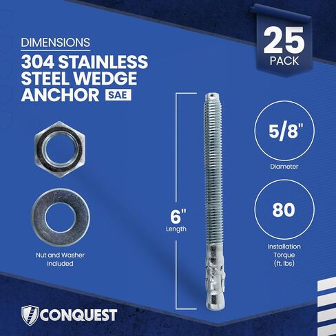 Conquest 5/8" x 3-1/2" 304 Stainless Steel Wedge Anchors for Concrete (25-Pack), Heavy Duty 5/8 Anchor Bolts for Outdoor Concrete Fastening, Residential, and Light Commercial Projects in Kuwait