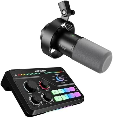ميكروفون بودكاست FIFINE XLR/USB مع مجموعة خلاط صوت، ميكروفون كمبيوتر لتسجيل الاستوديو مع حزمة خلاط XLR، صوت محيطي 7.1، مراقبة سماعة الرأس، مغير صوت للألعاب (K688+SC8) in Kuwait