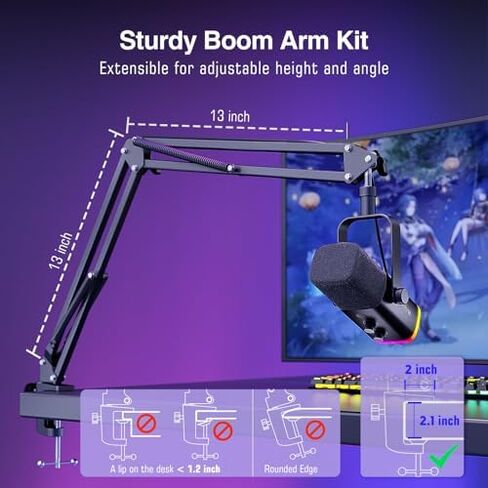 FIFINE Dynamic Gaming Mic and Microphone Arm Stand Kit, PC Computer Streaming Mic with RGB Light, Mute Button, Suspension Boom Scissor Mic Stand Bundle for Recording, Podcast, Voice-Over (AM8+CS1) in Kuwait