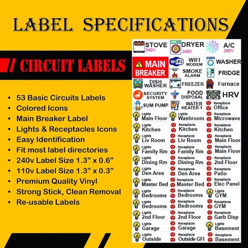 Ultimate 48 Circuits Bidirectional Breaker Directory Label Kit with Colored Icons & Panel Markers for All Electrical Panel Strong Adhesive Durable Vinyl in Kuwait