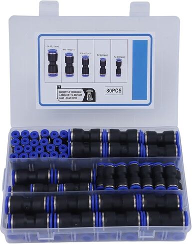 80Pcs Assorted Size Straight Push Quick Connect Fittings, 5/32 To 1/2 Inch Connectors For Polyethylene PU PA PE PVC Nylon Tubing in Kuwait