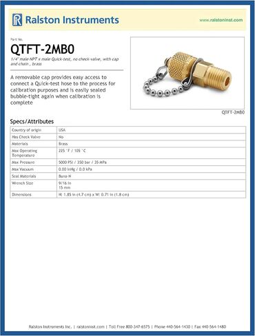 Ralston Instruments QTFT-2MB0 1/4" male NPT x male Quick-test Brass Fitting with Cap and Chain in Kuwait