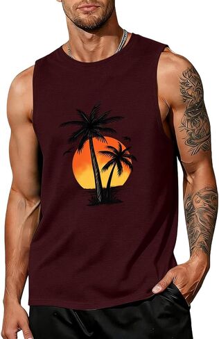 Men's Hawaiian Palm Tree Print Tank Top Workout Gym Muscle Shirts Summer Beach Vacation Sleeveless Tee Shirts in Kuwait