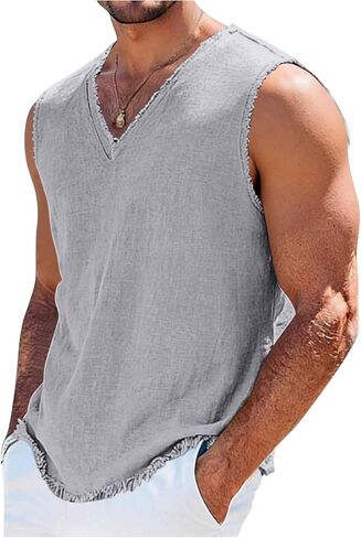 Workout Tank Tops for Men V Neck Sleeveless Shirt Soft Breathable Flax Muscle Shirts Athletic Base Layer Beach Outfits in Kuwait