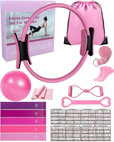 KABCON Pilates Ring Essentials Set for Women with 9.8" Exercise Ball,Elastic Bands, Yoga Socks, Carrying Bag, 13-Pcs Home Workout Set in Saudi Arabia