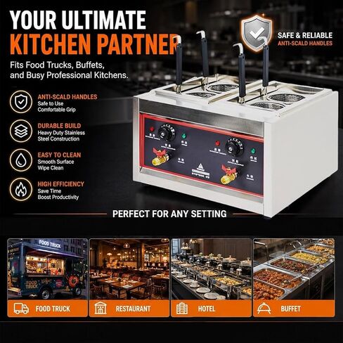 Commercial Pasta Cooker, 4 Baskets Electric Noodle Boiler,Stainless Steel Ramen Machine,Adjustable Temperature 30-110℃ in Kuwait