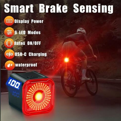LED Bike Brake Tail Light with USB-C Recharge, Digital Battery Indicator, Automatic Brake Detection, Motion Sensor & Auto Sleep, 6 Lighting Modes, IPX6 Waterproof Rear Warning Light in Kuwait