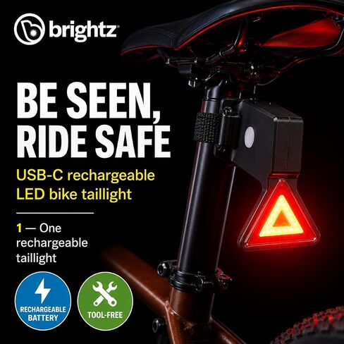 المصباح الخلفي للدراجة المثلثة من برايتز - ضوء خلفي LED أحمر وأصفر قابل لإعادة الشحن USB-C مع 7 أوضاع، 10 لومن، وقت تشغيل 8-24 ساعة - ضوء أمان لمقعد خالٍ من الأدوات للركوب الليلي والتنقل in Kuwait