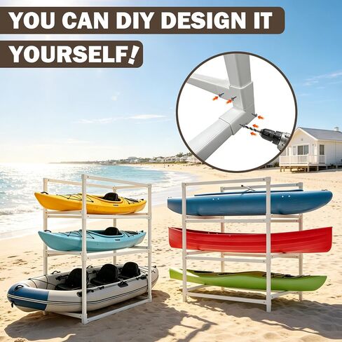 رف تخزين كاياك DIY - حامل كاياك PVC قائم بذاته للجراج والرصيف، حامل لوح مجداف زورق قابل للتعديل من 3 طبقات، منظم SUP داخلي وخارجي مقاوم للطقس، إطار خفيف الوزن in Kuwait