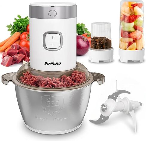 Sunvivi 4-IN-1 Food Processor: Electric Chopper for Meat Grinder, Vegetable Chopper, Juicer, Garlic Peeler & Coffee Grinder, 350W Portable Blender with 2 Speeds, Stainless Steel Bowl, 2 Cups, White in Saudi Arabia