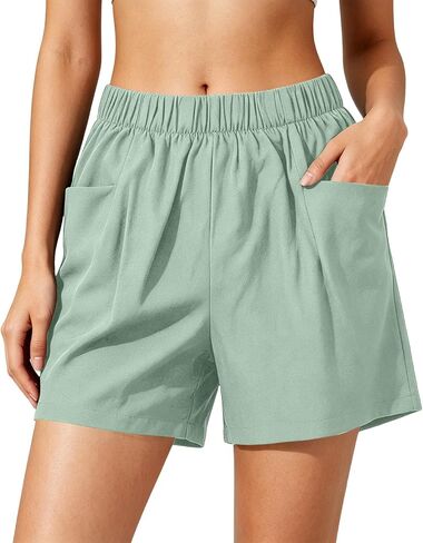 Casual Shorts for Women, High Waisted Elastic Summer Short Pants | Regular Loose Fit, High Rise Silhouette, Dual Side Pockets, Breathable Cotton, Daily Wear Home Lounging Outfit in Kuwait