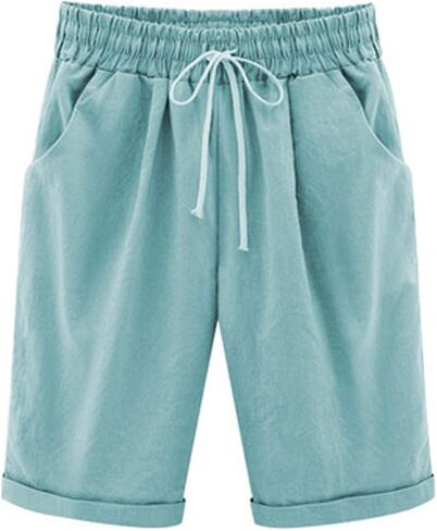 Summer Shorts for Women, Plus Size Casual Wide Leg Short Pants | Oversized Wide Leg, Knee Length Profile, Double Slant Pockets, Faux Linen Weave, Warm Weather Resort Travel Wear in Kuwait