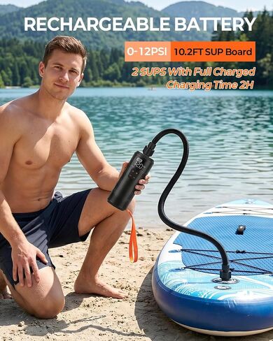 مضخة SUP مدمجة قابلة لإعادة الشحن، مضخة لوح مجداف كهربائية لاسلكية خفيفة الوزن، منفاخ محمول 12 رطل لكل بوصة مربعة مع إيقاف تلقائي لألواح التجديف الوقوف، قوارب الكاياك وعوامات حمام السباحة in Kuwait