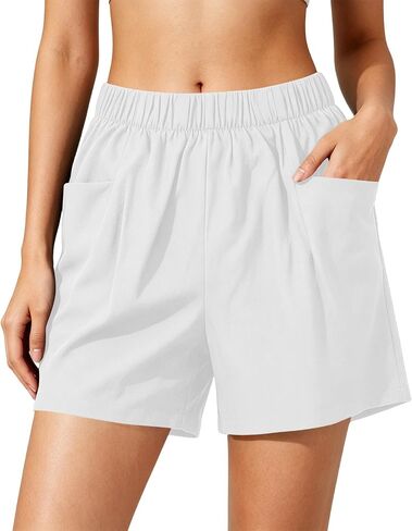 Casual Shorts for Women, High Waisted Elastic Summer Short Pants | Regular Loose Fit, High Rise Silhouette, Dual Side Pockets, Breathable Cotton, Daily Wear Home Lounging Outfit in Kuwait