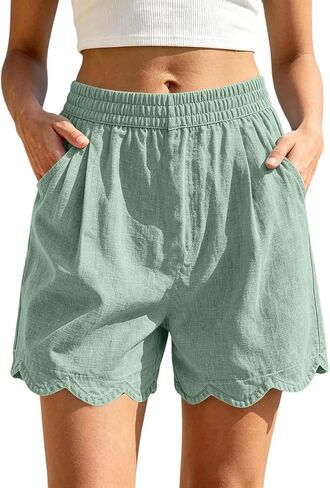 Casual Shorts for Women, High Waisted Elastic Summer Short Pants | Regular Loose Fit, High Rise Silhouette, Dual Side Pockets, Breathable Cotton, Daily Wear Home Lounging Outfit in Kuwait