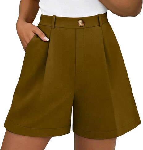 Casual Shorts for Women, High Waisted Pleated Wide Leg Dress Pants | Loose Flowy Fit, High Rise Belt Loops, Front Trouser Crease, Refined Smooth Weave, Formal Party Summer Wear in Kuwait