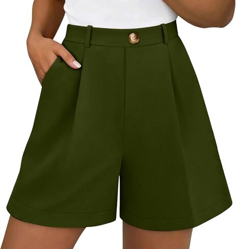 Casual Shorts for Women, High Waisted Pleated Wide Leg Dress Pants | Loose Flowy Fit, High Rise Belt Loops, Front Trouser Crease, Refined Smooth Weave, Formal Party Summer Wear in Kuwait