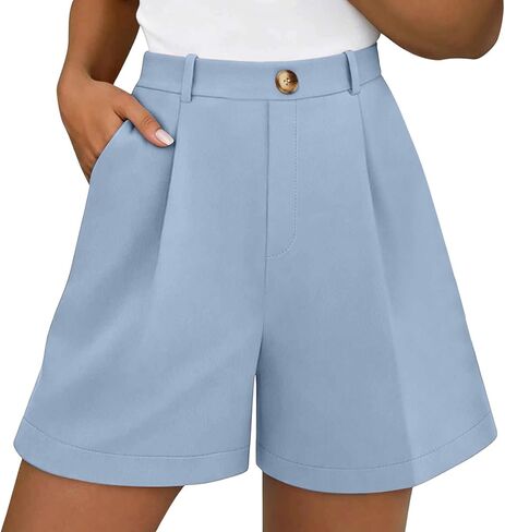 Casual Shorts for Women, High Waisted Pleated Wide Leg Dress Pants | Loose Flowy Fit, High Rise Belt Loops, Front Trouser Crease, Refined Smooth Weave, Formal Party Summer Wear in Kuwait