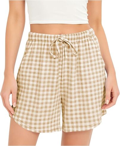 Womens Plaid Shorts, Casual Elastic Drawstring Summer Pants | Standard Loose Fit, High Rise Gathering, Adjustable Waist Tie, Classic Plaid Pattern, Everyday Lounge Comfort Outfit in Kuwait