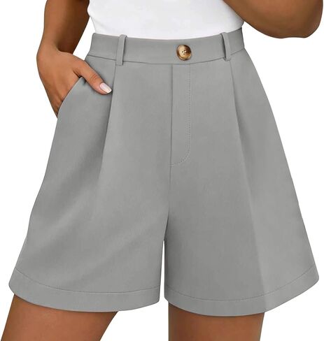 Casual Shorts for Women, High Waisted Pleated Wide Leg Dress Pants | Loose Flowy Fit, High Rise Belt Loops, Front Trouser Crease, Refined Smooth Weave, Formal Party Summer Wear in Kuwait