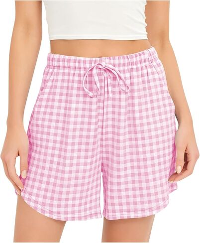 Womens Plaid Shorts, Casual Elastic Drawstring Summer Pants | Standard Loose Fit, High Rise Gathering, Adjustable Waist Tie, Classic Plaid Pattern, Everyday Lounge Comfort Outfit in Kuwait
