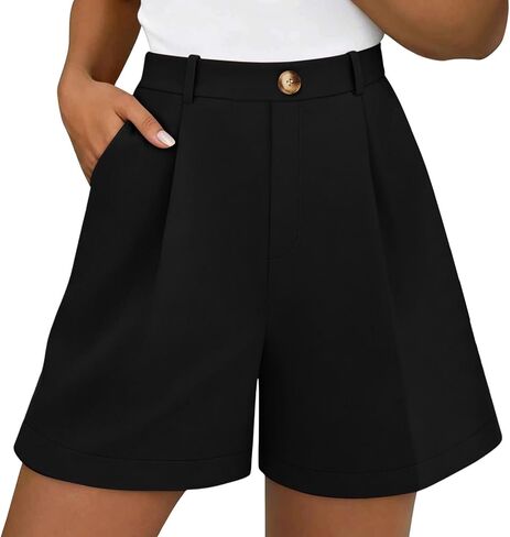 Casual Shorts for Women, High Waisted Pleated Wide Leg Dress Pants | Loose Flowy Fit, High Rise Belt Loops, Front Trouser Crease, Refined Smooth Weave, Formal Party Summer Wear in Kuwait