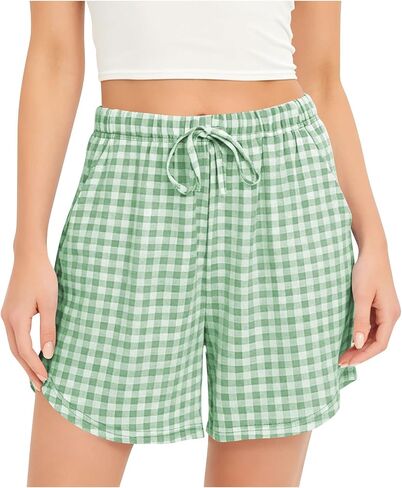Womens Plaid Shorts, Casual Elastic Drawstring Summer Pants | Standard Loose Fit, High Rise Gathering, Adjustable Waist Tie, Classic Plaid Pattern, Everyday Lounge Comfort Outfit in Kuwait