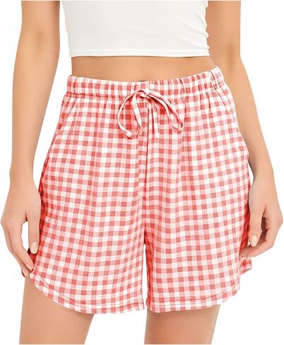 Womens Plaid Shorts, Casual Elastic Drawstring Summer Pants | Standard Loose Fit, High Rise Gathering, Adjustable Waist Tie, Classic Plaid Pattern, Everyday Lounge Comfort Outfit in Kuwait
