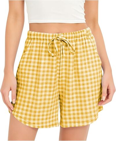Womens Plaid Shorts, Casual Elastic Drawstring Summer Pants | Standard Loose Fit, High Rise Gathering, Adjustable Waist Tie, Classic Plaid Pattern, Everyday Lounge Comfort Outfit in Kuwait