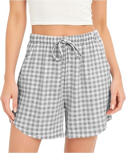 Womens Plaid Shorts, Casual Elastic Drawstring Summer Pants | Standard Loose Fit, High Rise Gathering, Adjustable Waist Tie, Classic Plaid Pattern, Everyday Lounge Comfort Outfit in Kuwait
