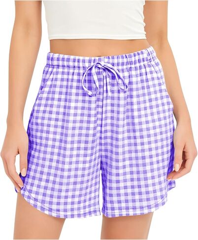 Womens Plaid Shorts, Casual Elastic Drawstring Summer Pants | Standard Loose Fit, High Rise Gathering, Adjustable Waist Tie, Classic Plaid Pattern, Everyday Lounge Comfort Outfit in Kuwait