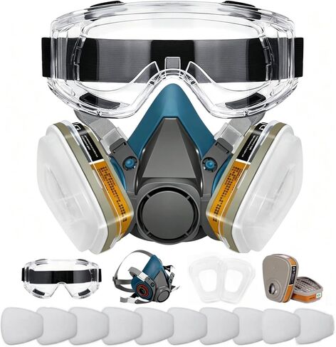 Half Facepiece with Goggle for Paint, Epoxy Resin, Spray Painting, Sanding, Woodworking, Welding Work Blue in Kuwait