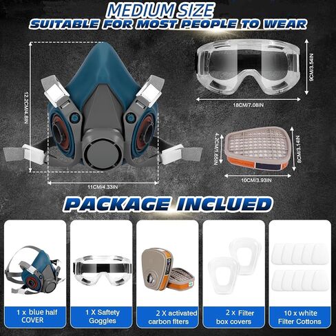 Half Facepiece with Goggle for Paint, Epoxy Resin, Spray Painting, Sanding, Woodworking, Welding Work Blue in Kuwait