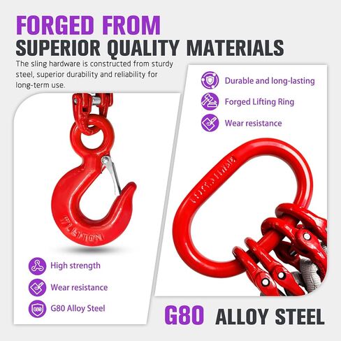 4 Leg Lifting Sling with Hooks, 6600LBS Heavy Duty Bridle Strap, 5FT Polyester Lifting Strap with G80 Alloy Steel Grab Hooks Purple Rigging Straps for Construction and Industrial Lifting in Saudi Arabia