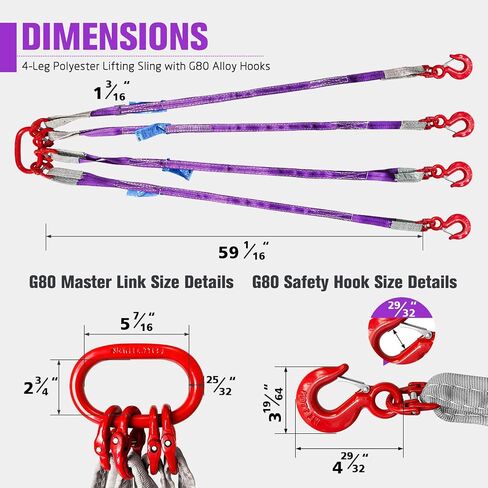 4 Leg Lifting Sling with Hooks, 6600LBS Heavy Duty Bridle Strap, 5FT Polyester Lifting Strap with G80 Alloy Steel Grab Hooks Purple Rigging Straps for Construction and Industrial Lifting in Saudi Arabia