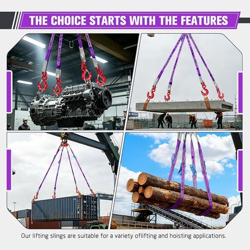 4 Leg Lifting Sling with Hooks, 6600LBS Heavy Duty Bridle Strap, 5FT Polyester Lifting Strap with G80 Alloy Steel Grab Hooks Purple Rigging Straps for Construction and Industrial Lifting in Saudi Arabia