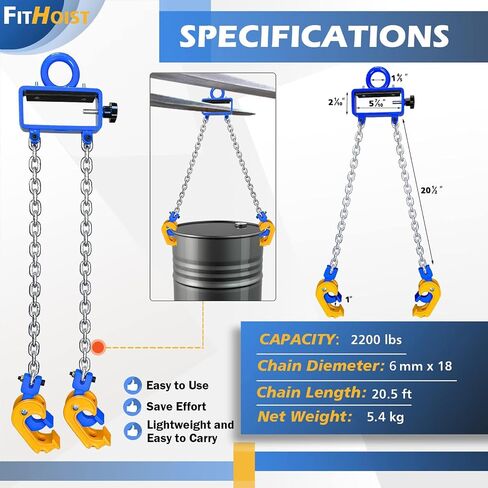 Updated Chain Drum Lifter | 2200 lbs Vertical Drum Lifter Chain Sling with Self-Lock Hook | Drum Handling Equipment 1 ton Capacity | Fit for metal Strap and plastic lid Drums in Kuwait
