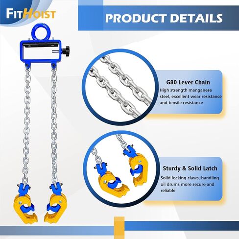 Updated Chain Drum Lifter | 2200 lbs Vertical Drum Lifter Chain Sling with Self-Lock Hook | Drum Handling Equipment 1 ton Capacity | Fit for metal Strap and plastic lid Drums in Kuwait