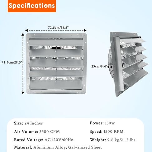 Wall Mounted Aluminum Shutter Exhaust Fan - 24 Inch, 3500 CFM, High Speed Automatic Ventilation, Waterproof, Low Noise for Garage, Attic, Workshop, Greenhouse, Enclosure, Industrial Applications in Kuwait