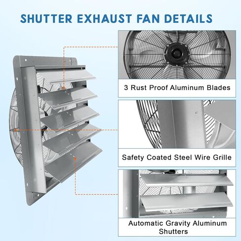 Wall Mounted Aluminum Shutter Exhaust Fan - 24 Inch, 3500 CFM, High Speed Automatic Ventilation, Waterproof, Low Noise for Garage, Attic, Workshop, Greenhouse, Enclosure, Industrial Applications in Kuwait