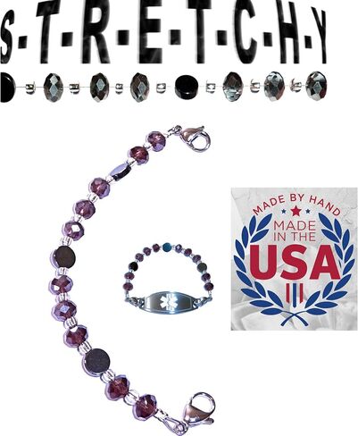 Hidden Hollow Beads Women's Purple Stretchy 6.5 or 5.5 inch long Medical Alert ID Interchangeable Replacement Bracelet, Identification Vital info tag in Saudi Arabia
